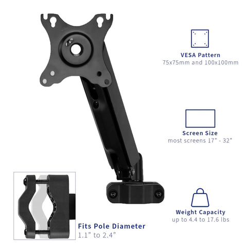 Smooth Operator Pneumatic Pole Mount Arm For 17 To 32 Inch Monitors showing VESA mount and clamp detail.