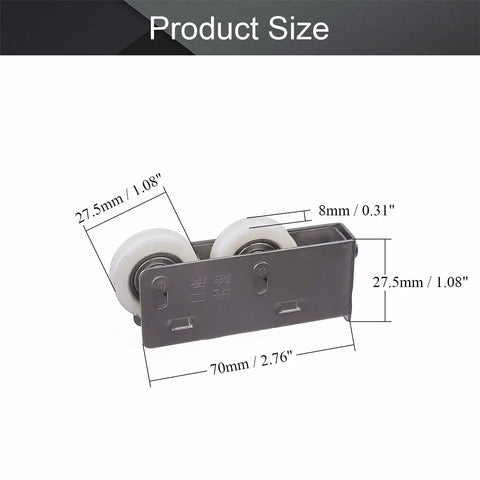 Slick Glide Double Wheel Sliding Door Track Rollers With 27Point5Mm Nylon Wheels and stainless steel shell; product size dimensions shown.