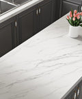 Kitchen island with Marble Peel And Stick Countertop Contact Paper Waterproof Vinyl Backsplash in off-white and gray marble.