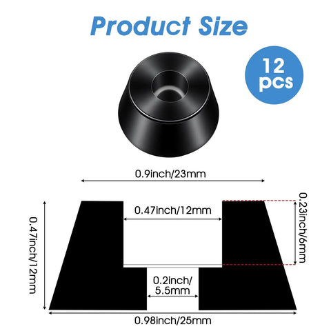 Heavy Duty Rubber Feet Speaker Isolation Pads Enhance Audio With Carbon Steel Screws shown in size dimensions of 0.9 inch and 0.47 inch.