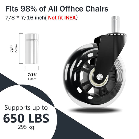 3 Inch Rubber Chair Wheels Replacement Casters With Seven Sixteenth Inch Stem shown with weight capacity details.