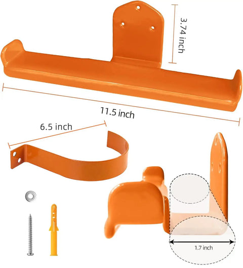 Backpack Leaf Blower Hanger With Tube Hook 2 Pack Wall Mounts for Backpack Sprayers and Chainsaws, shown in orange steel with measurements.