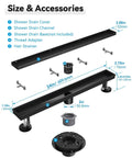 High Capacity Linear Shower Drain Matte Black 24 Inch large shower drain with accessories and size details displayed.