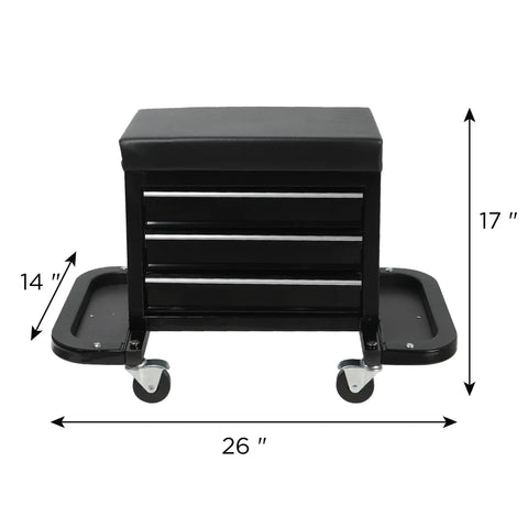 Heavy Duty 3 Drawer Tool Chest Rolling Mechanic Seat With Smooth Roll Tool Trays Ultimate Two In One Shop Stool Hauls 350 Pounds For The Daily Garage Rig, black with four drawers and casters.
