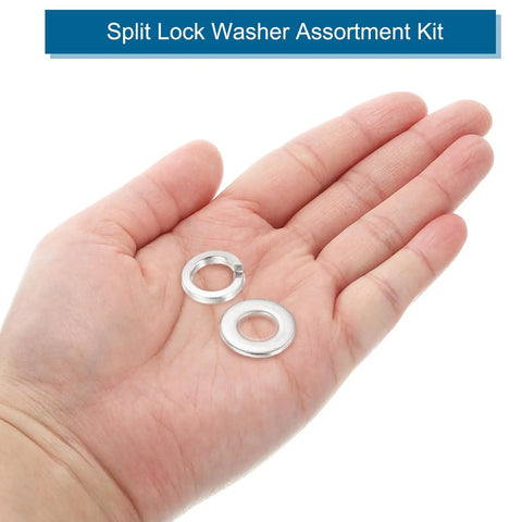 All In One M4 Stainless Steel Split Lock Washers And Flat Washers Kit 200 Pieces 304 Grade Rust Resistant Hardware Set For Home Repair Auto Maintenance And DIY Projects, close-up in hand