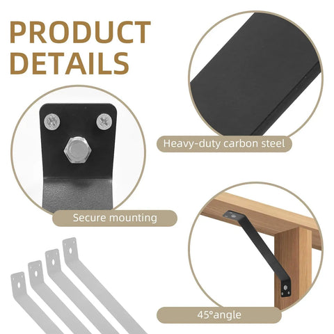 Inside Mount 45 Degree Angle Corner Brace Set, Beefy Connector For Wood Posts And Beams, shown in various views and details.