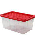 Kickass Clear Plastic Storage Bins Pair 27 Gallon Stackable Totes With Red Snap On Lids And Built In Handles Hella Spacious Organizers For Garage Closet Dorm And Holiday Decor Boxes, clear bin with red lid.