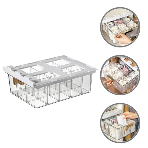 Adhesive Hanging Closet Rod Rack With Extra Sock And Underwear Dividers Straight Up Keeps Your Closets Hella Neat Zero Clutter Flex Installed On Any Wall Save Major Floor Space For Compact Homes And Dorms, showing clear organizer with dividers.