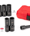 Half Inch Drive Deep Thin Wall Impact Flip Socket Set Six Piece With Case And Three Inch Extension Bar For Wheel Service Auto Repair Pros Heavy Duty Chrome Vanadium Steel