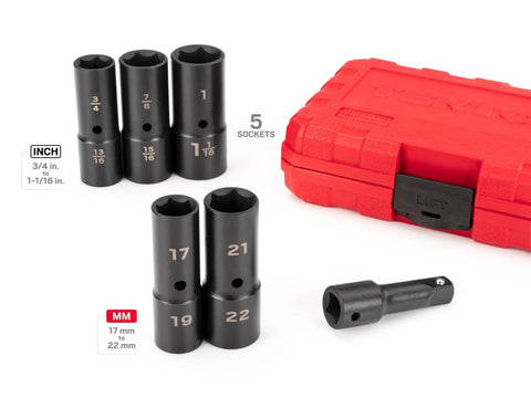 Half Inch Drive Deep Thin Wall Impact Flip Socket Set Six Piece With Case And Three Inch Extension Bar For Wheel Service Auto Repair Pros Heavy Duty Chrome Vanadium Steel