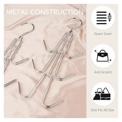 Two silver metal closet purse hangers arranged on a soft surface, part of 2 Pack Closet Purse Hangers, Game Changer Handbag Organizer Rack.