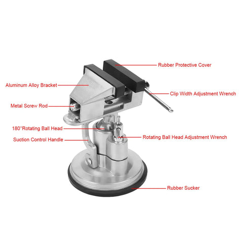 Detailed view of Rock Solid Universal Table Vise Clamp With Zero Wobble Rotating Base showcasing aluminum alloy frame and rubber suction cup.