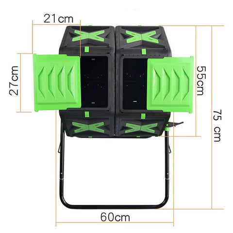 Easy Assembly Outdoor Compost Tumbler With Dual Chamber Rotating Bin For Fast No Fuss Garden And Kitchen Composting Large Capacity Leaf Collector Keeps Yard Waste Turning Into Rich Soil Efficiently, side view with green panels and steel frame, measurement labels visible.