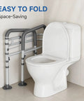 Premium Heavy Duty Steel Toilet Safety Rail For Seniors Bulletproof Bathroom Support Bar with easy folding feature next to a toilet.