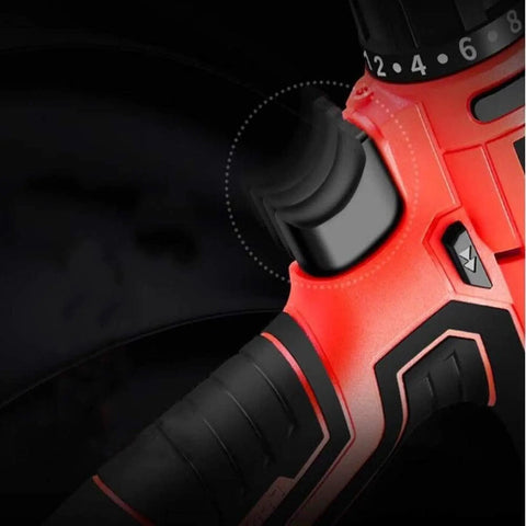 Close-up of the handle grip and speed control feature of the Cordless Electric Drill With Rechargeable Lithium Battery And 75 Piece Toolbox Set.