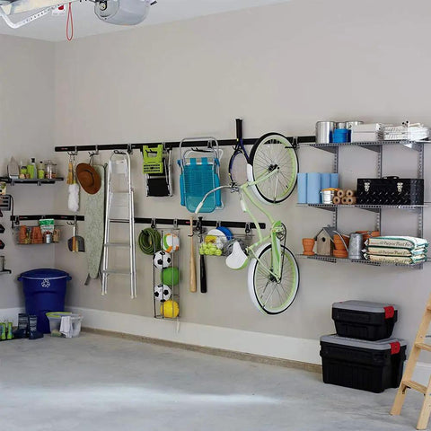 Garage with FastTrack Wall Double S Hook 2 Handle Garage Tool Organizer Rack for hand tools, ladder, and bicycle storage, organized setup.