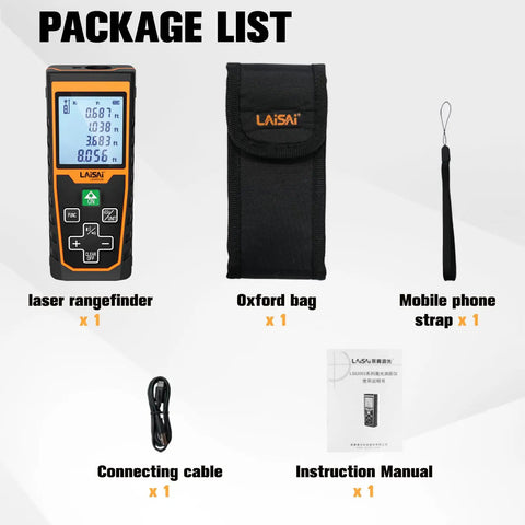 Package contents for Heavy Duty Laser Distance Meter Featuring Slick Green Beams And Up To 262 Foot Range, includes laser rangefinder and accessories.