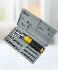 Compact 41 Piece Mini Socket Wrench Set With Quick Change Sockets And Reversible Ratchet For Confined Spaces in gray case with yellow grip.