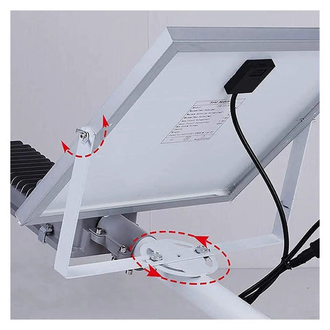 Adjustable bracket for Badass Outdoor Solar Security Flood Lights with remote control, showcasing tilt mechanism and assembly.