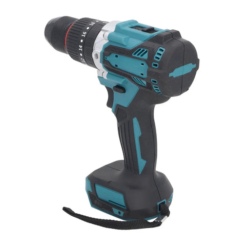 Heavy Duty 18V Cordless Drill Generating 140 Nm Of Legit Power With 23 Adjustable Clutch Positions Plus Dual Gear Speed Options side view with blue grip.
