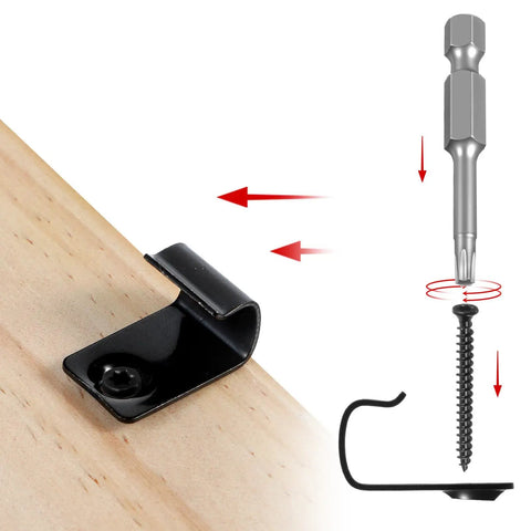Heavy Duty Stainless Steel Starter Deck Clips With Universal Hidden Fasteners For Composite Decking Includes Screws And Torx Bits showing clip against wood.