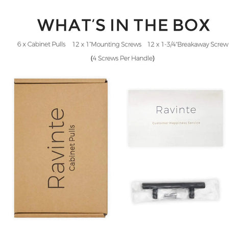 What's in the box for Straight Up Gorgeous Matte Black Cabinet Handles 5 Inch Length, featuring handles, screws, and instructions.