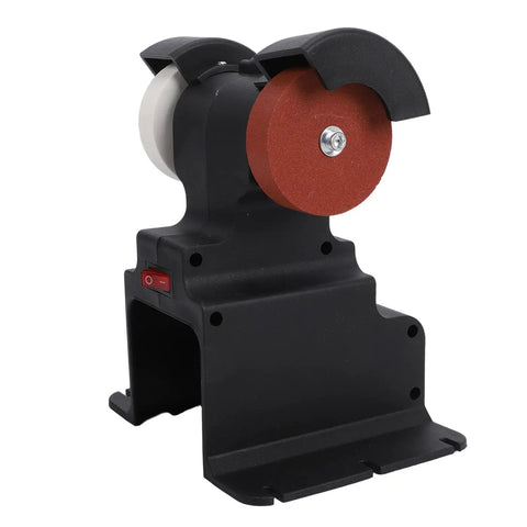 Cordless Mini Bench Grinder Battery Powered With Heavy Duty Copper Motor And Dual Grinding Stones side view showing two grinding wheels.