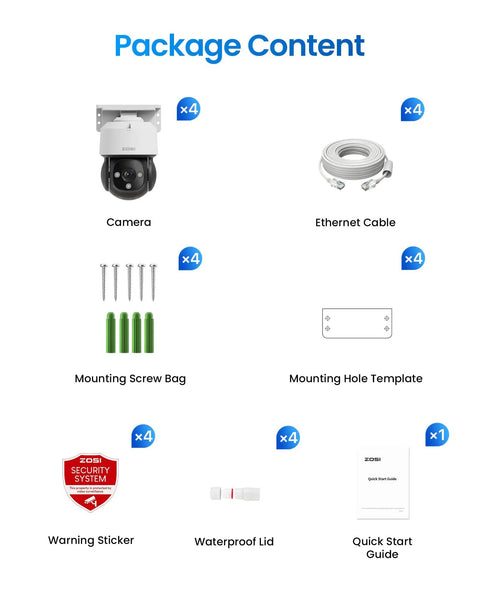 Top Shelf 4K PoE Security Camera Quad Pack package contents including cameras, cables, screws, and guides.