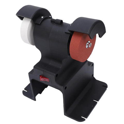 Rock Steady Mini Bench Grinder With 200 Watt Motor And 7000 RPM Spin Designed For Real Sharpener Grinds featuring durable composite body and red grinding wheel.