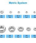 Massive 380Pcs Hex Nuts Set for DIY Projects, showing metric M1 to M6 hex nuts in 304 stainless steel, corrosion-resistant