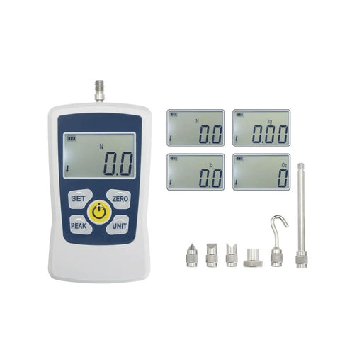 Hella Precise Digital Push And Pull Gauge Slick Force Tester Meter With Tight Five Newton Accuracy, display and attachment heads.