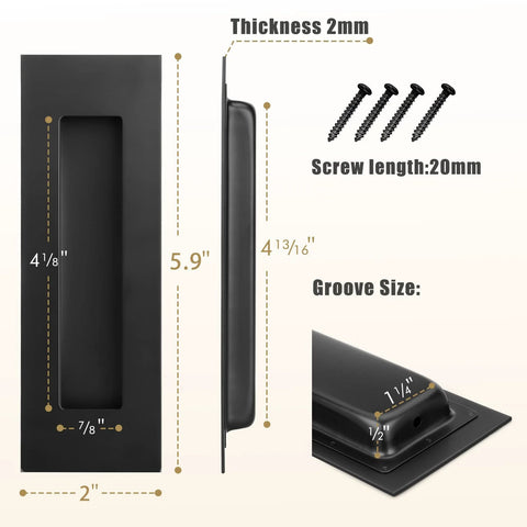 Dimensions of 4 Pack 5.9 Inch Recessed Closet Door Pulls 304 Stainless Steel With Matte Black Finish including thickness and screw size