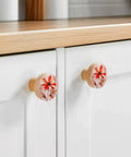 Kickass Red Floral Wooden Cabinet Knobs Solid Beech Drawer Handles One Point Four Inch Round Kitchen Cupboard Pulls on white cabinets