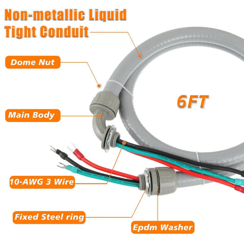 Power Whip Assembly Kit For 3 Conductor 10 Gauge Preassembled AC Whip With Nonmetallic Liquid Tight Conduit, 6 Ft, labeled parts