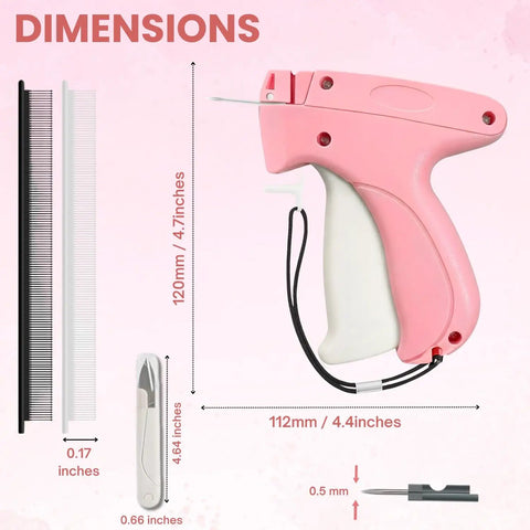 Straight Up The Ultimate Stitch Gun For Clothes Repair And Quick Fix Tagging for seam hemming with dimensions shown.