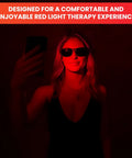 Woman wearing Game Changing Red Light Therapy Glasses Block 600Nm To 900Nm Rays, smiling in red light.