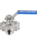 304 Stainless Steel Three Way Ball Valve One Half Inch Female Thread with blue handle for industrial plumbing applications.