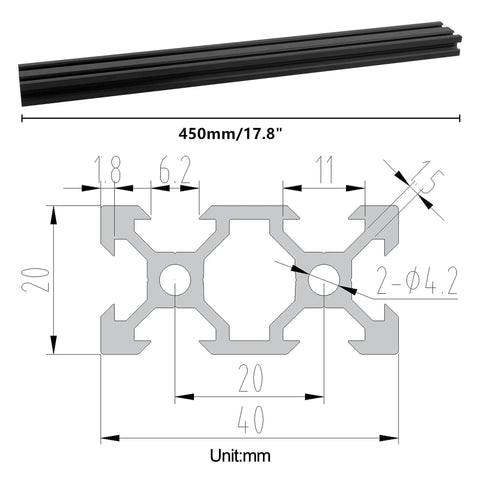 Drop Dead Solid 2040V Aluminum Extrusion 2 Pack 450mm Anodized Black T Slot Linear Rail dimensions and profile diagram.