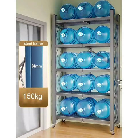 Heavy Duty Five Tier Metal Storage Shelves With Rolling Wheels And Foldable Design For Garage Kitchen Pantry And Home Office, loaded with blue water bottles.