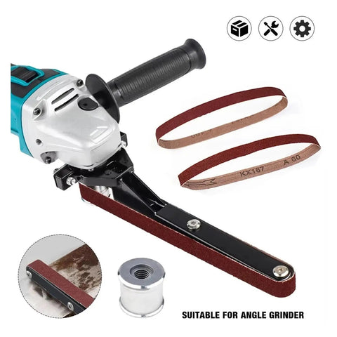 Tough As Nails Cordless Angle Grinder Equipped With Quick Swap Belt Sanding Attachments, showing sanding attachment with belts.