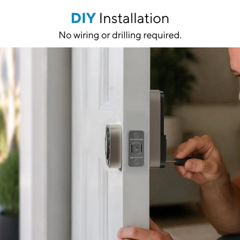 Installing Bolt Pro WiFi Smart Deadbolt Lock With Apple Home Key Matter Support on a standard wooden door without tools.