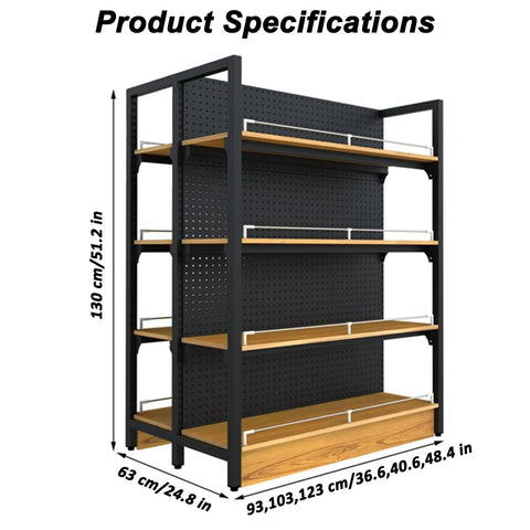 Built Tough Heavy Duty Double Sided Gondola Shelving Unit Commercial Retail Display Rack with wood shelves, measuring 130cm high.