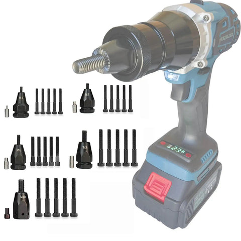 Straight Fire Top Tier Self Locking Rivet Nut Gun Replacement Mandrel Heads M4 M5 M6 M8 M10 with cordless driver and replacement heads.
