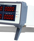 High Precision Bench Digital AC Power Meter For Lab And Workshop Pro Grade Readouts Of Voltage Current Power Factor And Frequency With Upper And Lower Limit Alarm Built In Processor And Accurate 0.4 Percent Plus 0.1 Percent, angled front view on stand