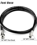 4 foot black hose line with 1/4" NPT tire chuck for Heavy Duty Air Tank Repair Kit Featuring Solid Aluminum And Brass Valves Plus Zero To Two Hundred Psi Gauge.