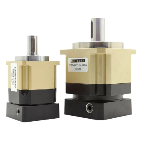 Precision Planetary Helical Gear Reducer For Stepper And 750W Servo Motor Rock Solid Industrial Speed Reducer with gold and black casing.
