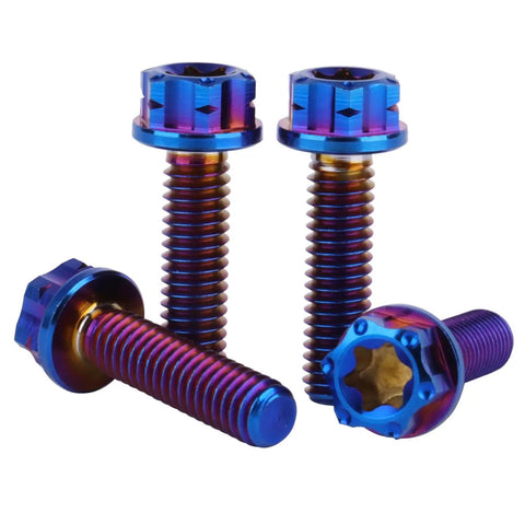 Four Pack M4X15MM Grade Five Titanium Torx Flange Bolts Burnt Blue Finish Ultra Lightweight And Hella Tough Fasteners With Precise Cut Threads For Smooth Assembly