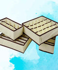 Premium Fashion Forward Non Woven Foldable Drawer Organizer Set For Bras Underwear Socks And Ties, beige storage boxes stacked on a blue background.