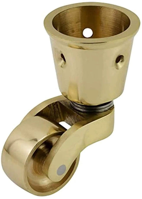 Built Tough Heavy Duty Antique Casters Featuring Sweet Smooth Gliding Solid Brass Wheels And Rock Solid Double Bearings For Easy Furniture Rolling And Zero Floor Scratches - Close-up view of brass caster wheel.