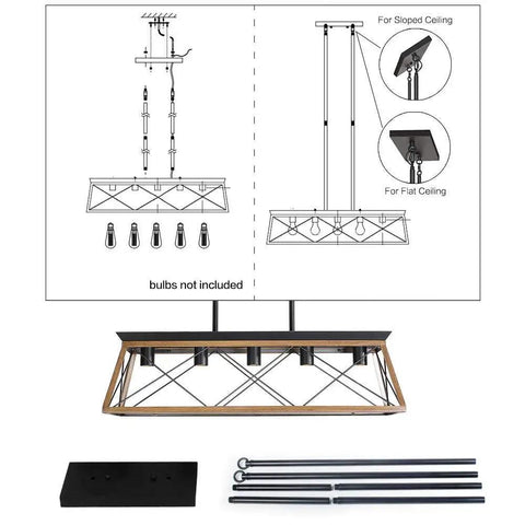 Farmhouse Five-Light Linear Pendant Chandelier For Dining Room And Kitchen Island - Rustic Rectangular Metal Ceiling Light With Adjustable Height, Solid Steel Construction installation diagram and components